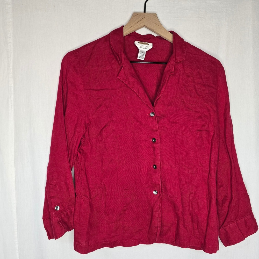 Talbots‎ Irish Linen Button Up Shirt Women 12 Red 100% Linen Vintage Coastal
